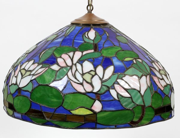 TIFFANY STYLE THREE-LIGHT HANGING LAMP: TIFFANY STYLE, THREE-LIGHT HANGING LAMP, H 12", DIA 22":A Tiffany style leaded and stained glass hanging lamp, having a floral pattern in blue, shades of green and white. For a high resolution photo