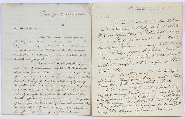 HAND WRITTEN & SIGNED LETTERS BY POLITICAL LEADERS: HAND WRITTEN AND SIGNED LETTERS AUTHORED BY 19 TH C. U.S. POLITICAL LEADERS 19TH C, 8 PCS.:Letters written to John Law by U.S. rep. T.A. Howard, dated March 23, 1839 & March 27, 1844; John Wesley Davi