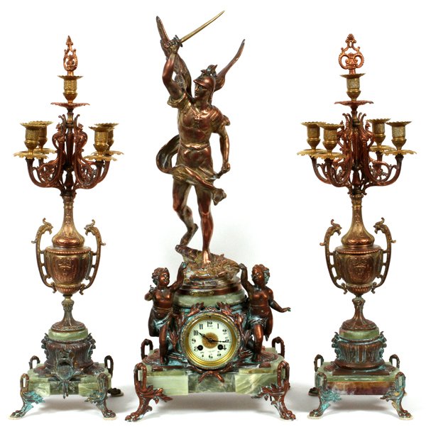 ANTIQUE FRENCH GARNITURE SET: ANTIQUE FRENCH GARNITURE CLOCK AND A PAIR OF CANDELABRAS C. 1880 3PCS: H 30" CLOCK - 25" CANDELABRAS:Figural clock, "Victoire", H.30" x 12" x 9", and pair of five-light candelabras H 25" W 7.5" D 7" -