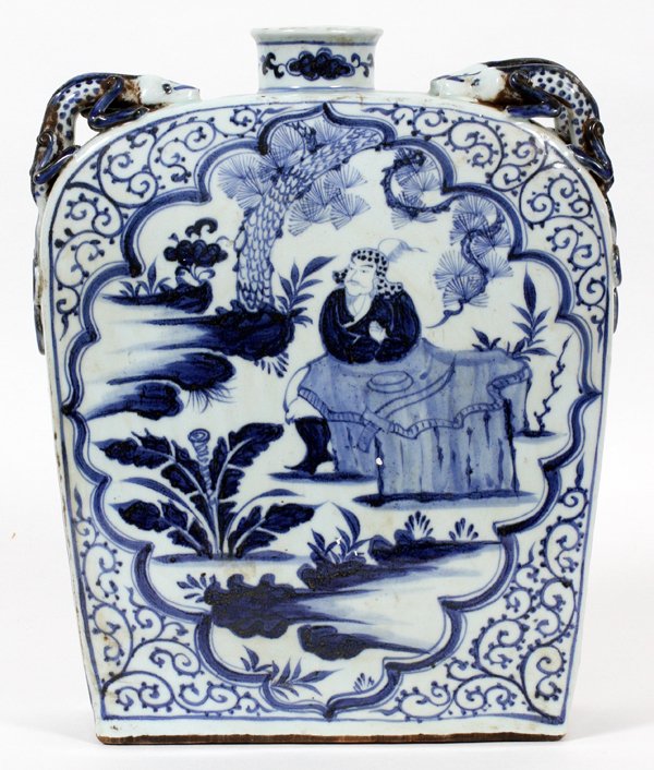 CHINESE FLASK FORM PORCELAIN VASE: CHINESE, FLASK FORM, PORCELAIN VASE, H 14", W 11", D 3 1/2":landscape with warriors, lizard design in relief on shoulders, blue and white. Signed on underside. For a high resolution photo