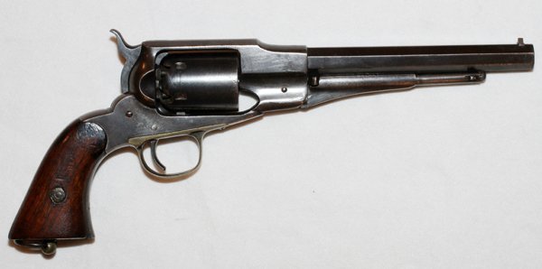 REMINGTON MODEL 1860 .36 CAL REVOLVER: REMINGTON MODEL 1860 .36 CAL PERCUSSION CAP REVOLVER, L 7" BBL, #16417:Remington address stamp obliterated on barrel. Stamped "17, 1861, Ilion, NY. Having a 7" octagonal barrel, brass trigger guard st