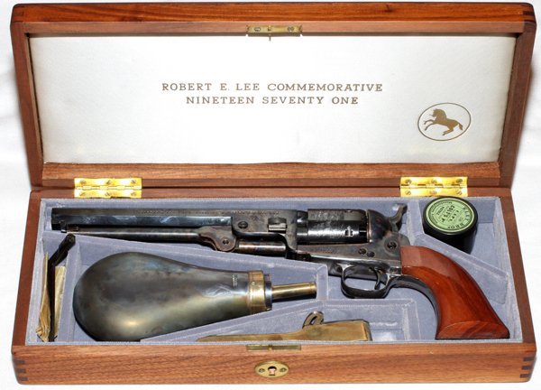 COLT MODEL 1851 NAVY ROBERT E. LEE COMMEMORATIVE: COLT .36 CAL MODEL 1851 NAVY ROBERT E. LEE COMMEMORATIVE 1971 PERCUSSION CAP REVOLVER, L 7 1/2" BBL, #2045 REL:Having a 7 1/2" blued octagonal barrel, cylinder depicting an English Navy scene, nickel 