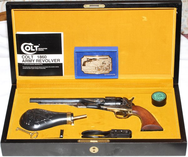 COLT 1860 .45 CALIBER ARMY LIMITED EDITION CASE SET: COLT 1860 .45 CALIBER ARMY BLACK POWDER LIMITED EDITION CASE SET, L 8" BBL, #204574:Colt 1860 black powder case set, limited edition, having a blued barrel and cylinder engraved with navel scene. Waln