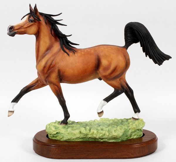 CONNOISSEUR OF MALVERN PORCELAIN FIGURE 1985: CONNOISSEUR OF MALVERN PORCELAIN FIGURE, 1985, H 16", 'FREE SPIRIT':Signed at the underside by Terry K. Lewis and Richard Sefton. Special edition 19 of 100. Raised on a separate wood base. The horse m