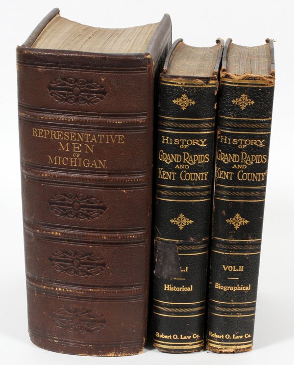 HISTORY OF GRAND RAPIDS AND KENT COUNTY MICHIGAN: HISTORY OF GRAND RAPIDS AND KENT COUNTY MICHIGAN, 2 VOLS. & REPRESENTATIVE MEN OF MICHIGAN, 3 PCS.:Two leather bound volumes of "History Of Grand Rapids and Kent County Michigan, Ernest B. Fisher, Edi