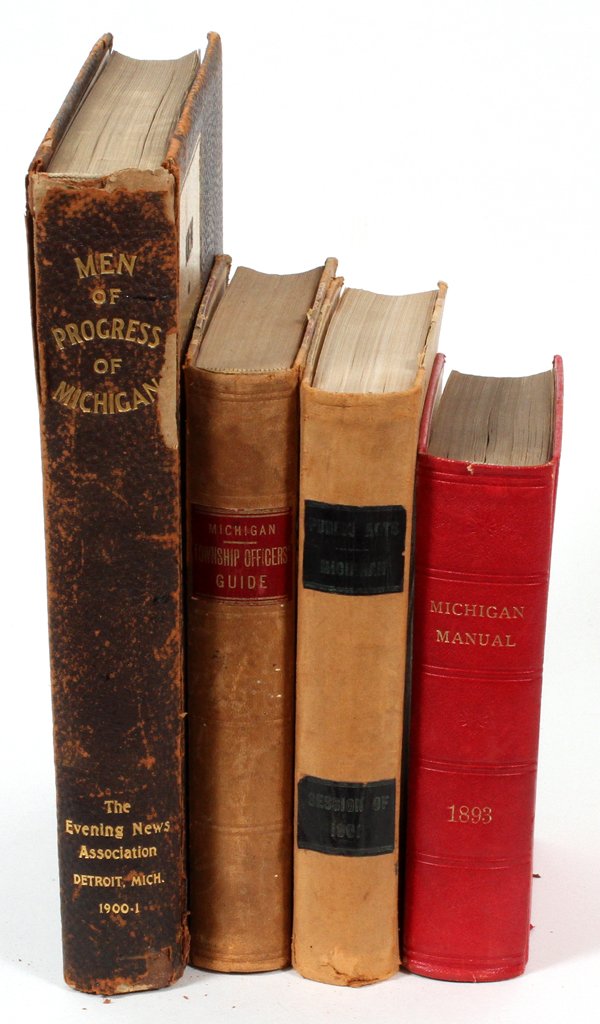 HARD BOUND VOLUMES: MICH. TOWNSHIP OFFICER'S GUIDE: HARD BOUND VOLUMES: MICHIGAN TOWNSHIP OFFICER'S GUIDE", 1899; "MICHIGAN MANUEL, 1893", ETC, 1893-1901, 4 PCS.:Includes: "Michigan Township Officer's Guide, 1899", Pub. Robert Smith & Co. State printer
