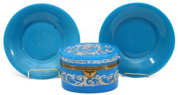 BLUE OPALINE GLASS BOX & PLATES 19TH C. 3 PIECES (1 of 2)