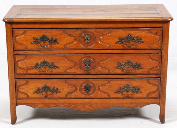 FRENCH CARVED OAK CHEST OF THREE DRAWERS C. 1820 (1 of 3)