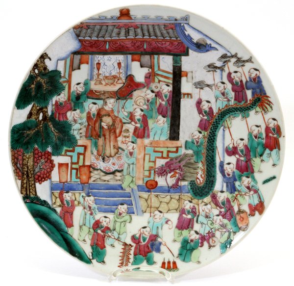 CHINESE MANDARIN DESIGN PORCELAIN CHARGER: CHINESE MANDARIN DESIGN PORCELAIN CHARGER, DIA 11 1/4":Depicting figural and dragon scenes. From the estate of Barbara K. Wrigley of Grosse Pointe Farms. For a high resolution photo