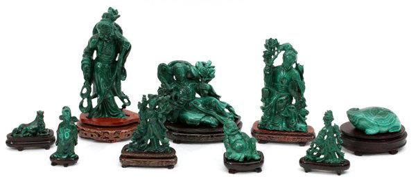 CHINESE CARVED MALACHITE FIGURES, NINE (1 of 3)