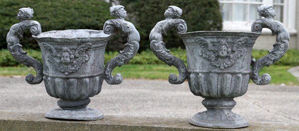 NEOCLASSICAL STYLE LEAD GARDEN URNS PAIR (1 of 4)