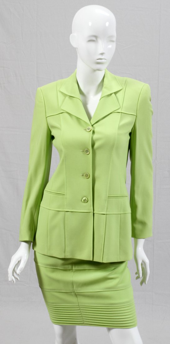 ESCADA BY MARGARETHA LEY LIME GREEN WOOL SKIRT SUIT: ESCADA BY MARGARETHA LEY LIME GREEN WOOL SKIRT SUIT, SIZE 34:Comprising a jacket, L.28 1/2", and a skirt, L.20". Labeled: Escada, Margaretha Ley, Made in Germany. Size 34. For a high resolution photo