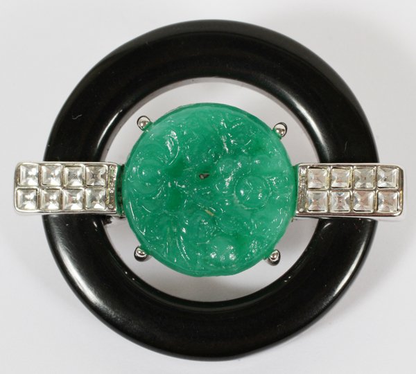 KENNETH J. LANE COSTUME BROOCH: KENNETH J. LANE COSTUME BROOCH, W 1 3/4":Art deco style; signed. For a high resolution photo CLICK HERE