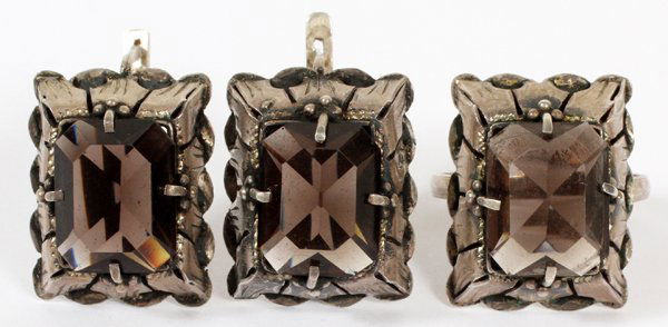 STERLING SILVER & SMOKY TOPAZ EARRINGS & RING (1 of 2)