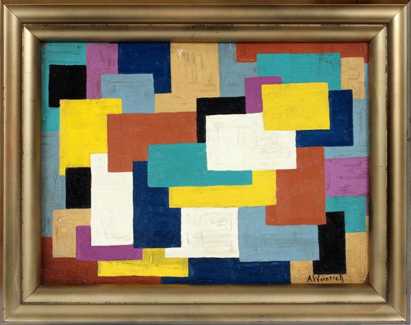 BEARS THE SIGNATURE AGNES WEINRICH OIL ON BOARD: BEARS THE SIGNATURE AGNES WEINRICH OIL ON ARTIST BOARD, H 12", L 16", CUBIST ABSTRACT:Antes Weinrich [American, 1873-1946]. Signed lower right. Framed. Overall size H 15.25", L 19.5". For a high resol