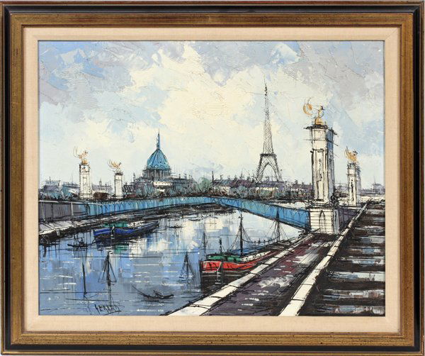 JONAS GERARD OIL ON CANVAS: JONAS GERARD (MOROCCAN, 1941) OIL ON CANVAS, H 18", W 23":Depicting the Seine River with the Eiffel Tower in the background. Artist immigrated to the United States and opened a gallery in Greenwich Vi