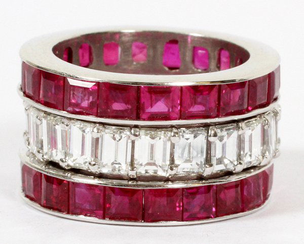 4.08CT DIAMOND & 11.60CT BURMESE RUBY RINGS 3 PCS.: 4.08CT DIAMOND & 11.60CT BURMESE RUBY RINGS, 3 PCS., SIZE 6:Including three stackable rings all with platinum settings, one of which set with 4.08ct of baguette diamonds, and two other rings set with