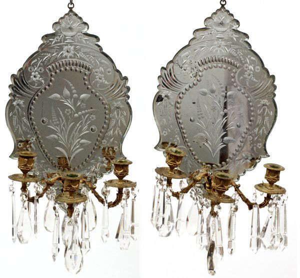 FRENCH MIRRORED THREE-LIGHT SCONCES PAIR (1 of 3)