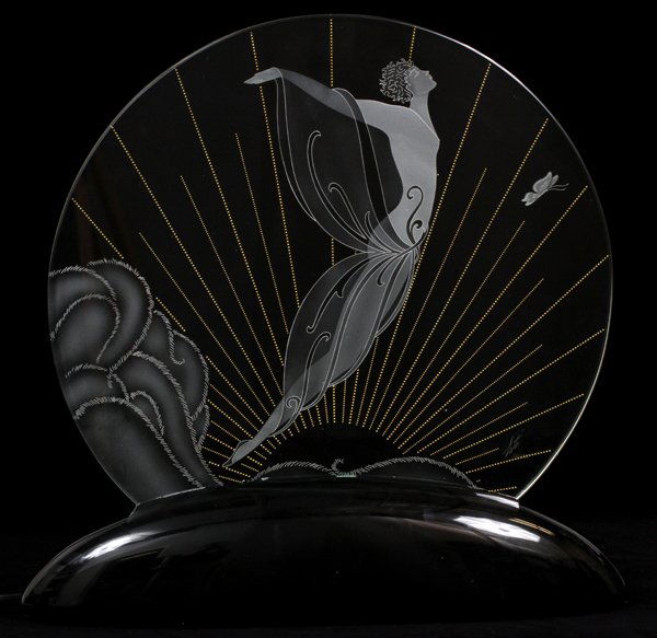 ERTE LUMINERE ETCHED GLASS CRYSTAL #50/175: ERTE LUMINERE, ETCHED GLASS CRYSTAL, H 19", #50/175:Signed and numbered. Stamped at the base "33087" by Crystal Haze Designs. Fitted with electric light to illuminate. Purchased from Dyansen Gallery i