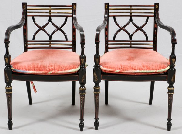 REGENCY STYLE WOOD OPEN ARMCHAIRS W/ CANE SEATS (1 of 2)