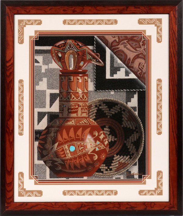 EUGENE JOE SAND PAINTING: EUGENE JOE SAND PAINTING, H 20.25", L 16":A Native American sand painting depicting a ewer, basket and a rug. Signed Baatsostanii [Eugene Baatsostanii Joe]. Framed. From the Estate of Victor "Mike" Sa