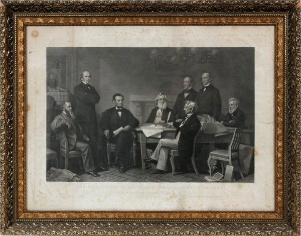 A. H. RITCHIE ENGRAVING PRINT: A. H. RITCHIE, ENGRAVING PRINT, H 26", W 36", READING OF EMANCIPATION PROCLAMATION:In a gilt frame, under glass. After the engraving by Francis Bicknell Carpenter (American, 1830-1900). For a high res