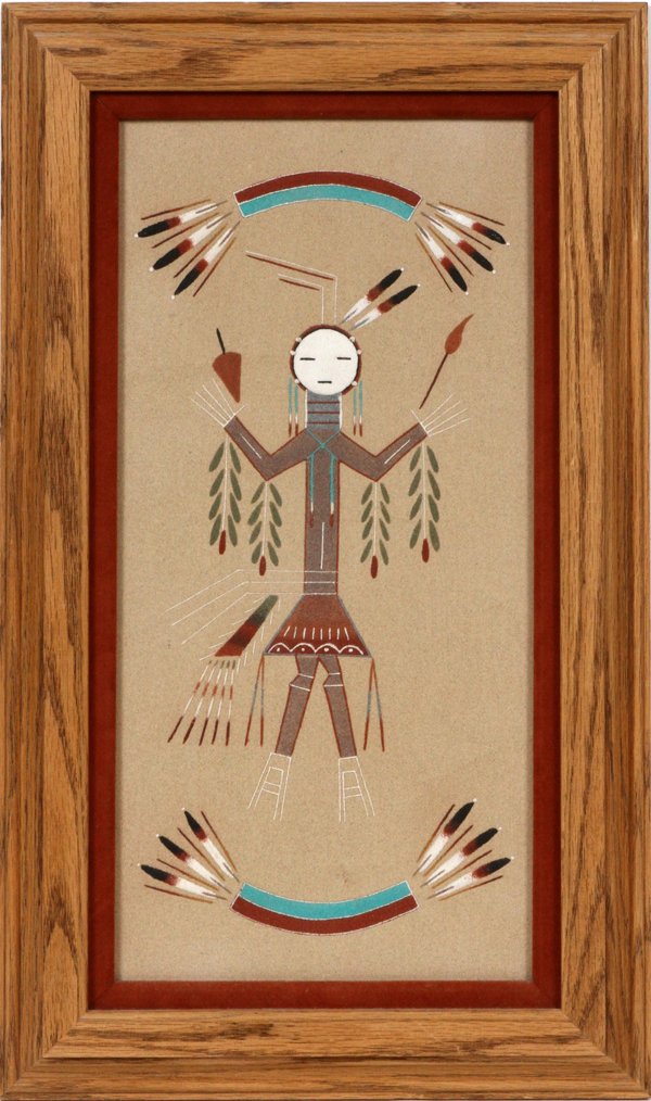 R. JOHNSON SAND PAINTING: R. JOHNSON SAND PAINTING, H 16", L 8", "YEI MALE":The painting is described and signed on the verso. Matted and framed. From the Estate of Victor "Mike" Saier, Jackson, Mi. For a high resolution photo