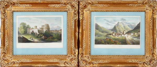 CHARLES HEATH LONDON ENGRAVED HAND COLORED PRINTS: CHARLES HEATH LONDON, ENGRAVED HAND COLORED PRINTS, VILLAGE OF SIMPLON AND CASTLE OF LAYENZA:Village of Simplon and Castle of Layenza. Carved gilt wood frame. Pub. Rodwell & Martin, New Bond Street, L