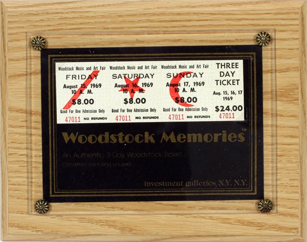 WOODSTOCK MUSIC & ART FAIR THREE-DAY EVENT TICKET: WOODSTOCK MUSIC & ART FAIR THREE-DAY EVENT TICKET, 1969, H 8", W 10":Mounted to a plaque, an uncancelled event ticket. With additional attached evaluation letter from Sotheby's. For a high resolution 
