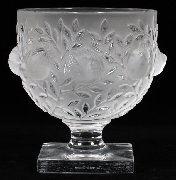 LALIQUE 'ELISABETH' FROSTED GLASS COMPOTE: LALIQUE 'ELISABETH' FROSTED GLASS COMPOTE, H 5 1/4", DIA 5":Molded birds among leafy branches, raised on a square foot; signed "Lalique France" underneath (see photo). For a high resolution photo
