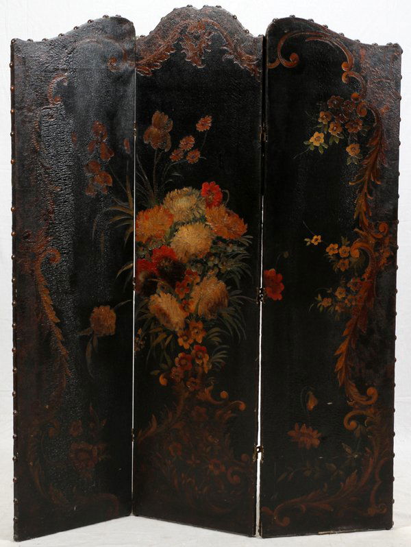 HAND PAINTED LEATHER THREE-PANEL SCREEN (1 of 3)