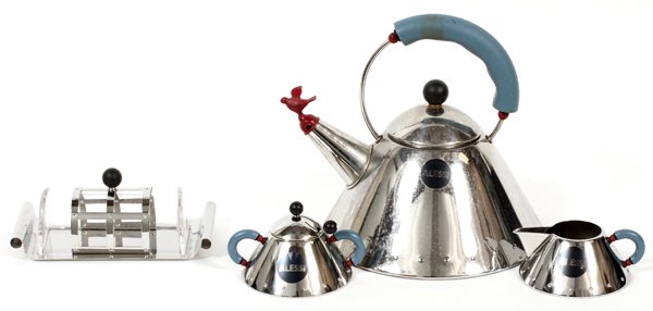MICHAEL GRAVES FOR ALESSI KETTLE CREAMER SUGAR BOWL: MICHAEL GRAVES (1934-2015) FOR ALESSI STAINLESS STEEL TEA KETTLE, CREAMER, SUGAR BOWL & BUTTER DISH, L 7":Designed by Michael Graves for Alessi, including 1 tea kettle with blue handle and red bird wh