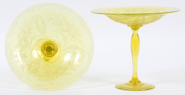 ENGRAVED VASELINE GLASS COMPOTES C. 1920 PAIR (1 of 2)