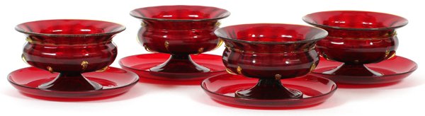 MURANO RUBY GLASS PEDESTAL BOWLS & STANDS FOUR SETS (1 of 2)