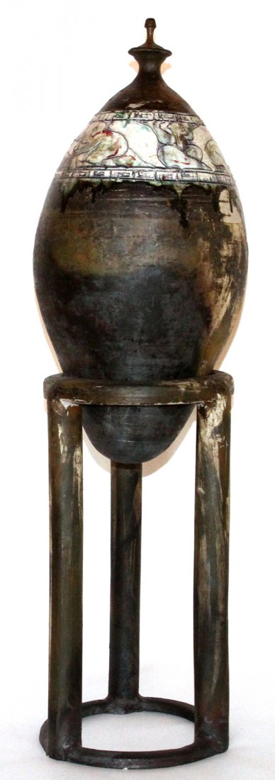 STUDIO POTTERY COVERED VESSEL ON STAND LATE 20TH C. (1 of 3)