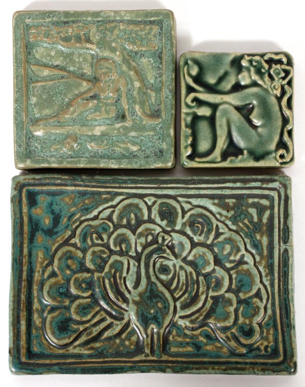 PEWABIC POTTERY TILES THREE: PEWABIC POTTERY TILES, THREE:Peacock, nude woman, Greek goddess. For a high resolution photo CLICK HERE