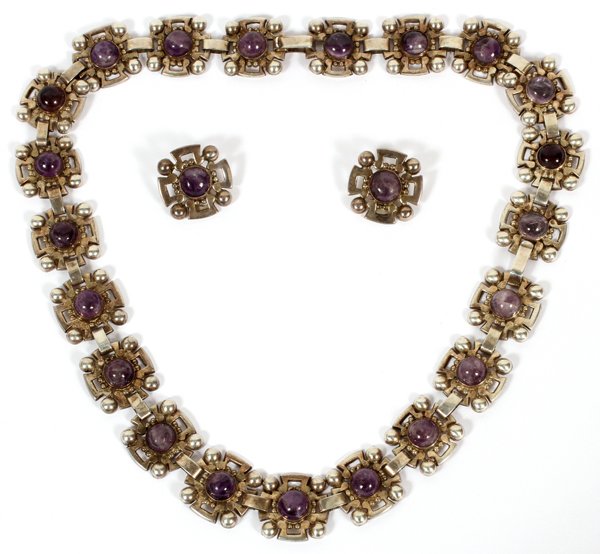 MEXICAN SILVER & AMETHYST QUARTZ NECKLACE &EARCLIPS (1 of 4)