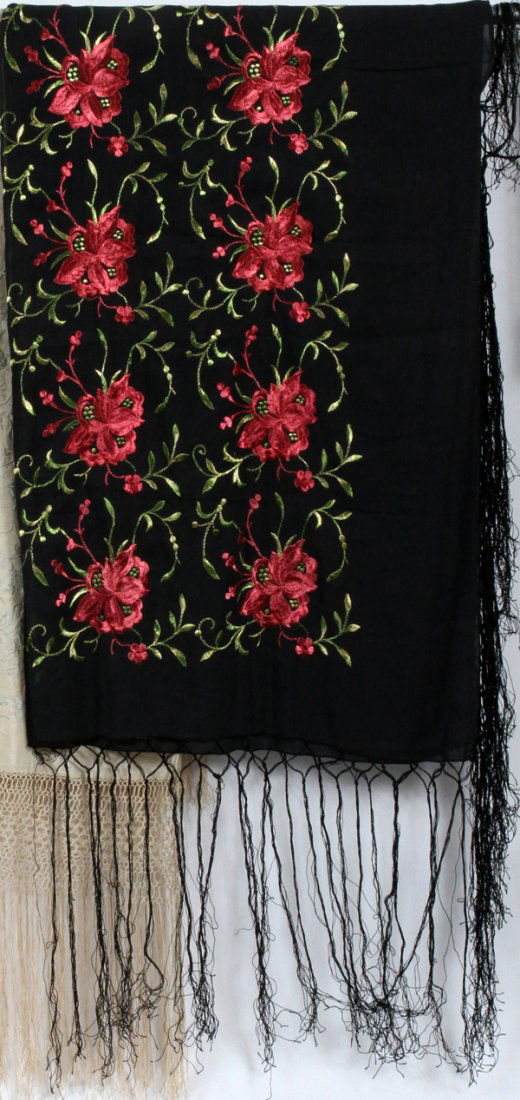 CHINESE EMBROIDERED BLACK SILK SHAWL W/ RED FLOWERS (1 of 2)