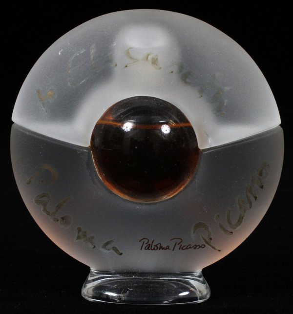 PALOMA PICASSO FROSTED GLASS PERFUME BOTTLE: PALOMA PICASSO FROSTED GLASS PERFUME BOTTLE, H 3", WITH ORIGINAL BOX:Or factice, signed "For Elizabeth, Paloma Picasso" in ink, fitted in the original box. For a high resolution photo
