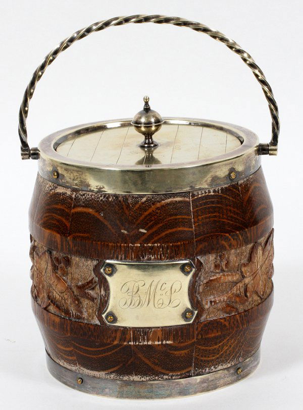 ENGLISH SHEFFIELD PLATE AND OAK BISCUIT JAR 19TH.C. (1 of 3)