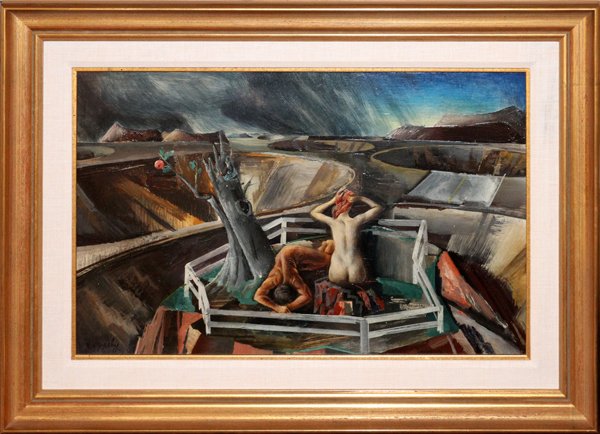 ZOLTAN SEPESHY OIL OR TEMPERA ON BOARD LANDSCAPE: ZOLTAN SEPESHY (US, 1898-1953), OIL OR TEMPERA ON BOARD, H 14", W 22", SURREALISTIC SCENE WITH NUDE MALE & FEMALE IN A LANDSCAPE:Signed lower left; framed. Little Gallery label. For a high resolution 