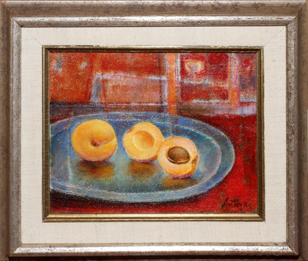 KERO ANTOYAN OIL ON CANVAS BOARD: KERO ANTOYAN (ARMENIAN/AMERICAN, B. 1912), OIL ON CANVAS BOARD, H 8", W 10", "PRUNUS ARMENICA":Signed lower right; titled on verso label; framed. Marked on verso: "From Julie Haviland's Orchard's". Fo