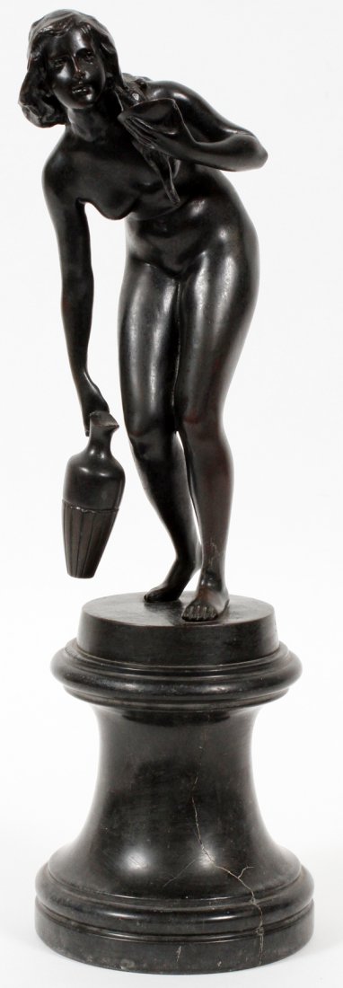 PAUL LUDWIG KOWALCZEWSKI BRONZE NUDE HOLDING JUG: PAUL LUDWIG KOWALCZEWSKI (GERMAN, 1865-1910), BRONZE NUDE HOLDING JUG, H OF BRONZE: 10 1/2":Signed; unidentified French foundry mark; on a smoky marble period pedestal base, Total H with base: 16". Fo