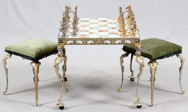 MARBLE CHESS BOARD TABLE & STOOLS 3 PIECES (1 of 4)