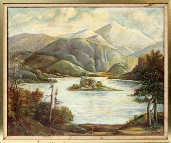 PAUL EVANS OIL ON CANVAS: PAUL EVANS, OIL ON CANVAS, H 27", W 33", LANDSCAPE:Depicts a mountain lake landscape. Signed lower right "Paul Evans" and framed. C. 1900. For a high resolution photo