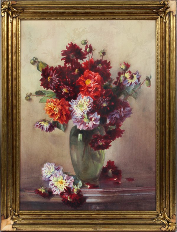 ISIDOR ROSENSTOCK WATERCOLOR: ISIDOR ROSENSTOCK WATERCOLOR, H 29", L 21" STILL LIFE OF DAHLIAS:Isidore Rosenstock [French, 1880-1956]. Signed lower right. Framed under glass. For a high resolution photo
