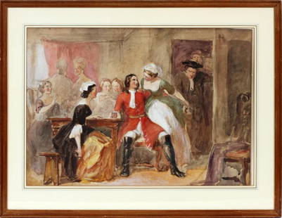 JOHN ABSOLON WATERCOLOR & GOUACHE ON PAPER: JOHN ABSOLON (UK 1815-1895), WATERCOLOR & GOUACHE ON PAPER, PAPER SIGHT: H 19", W 27", THE GATHERING:Signed lower left; framed. Size is visible paper size. For a high resolution photo