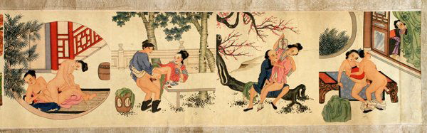CHINESE SHUNGA EROTIC SCROLL 19TH C.: CHINESE SHUNGA EROTIC SCROLL 19TH C., W 10", L 87":Erotic scenes within 10 panels, a floral brocade cover, and three Chinese characters marked in black at one page (see additional photo). For a high r