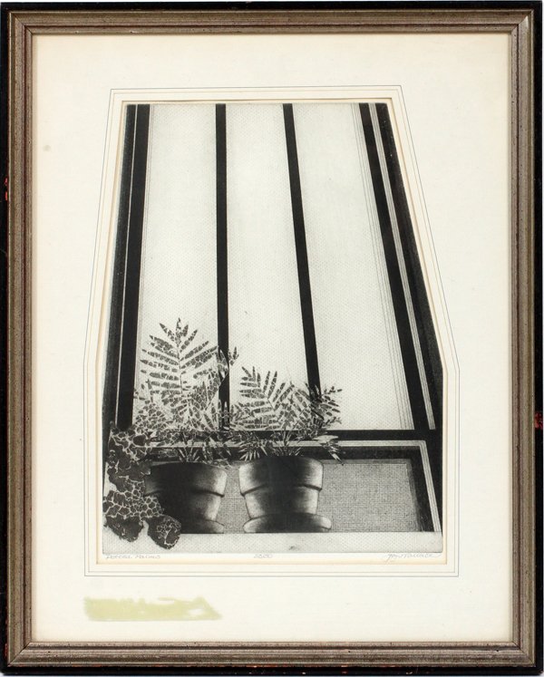 JOY WALLACE ETCHING & AQUATINT: JOY WALLACE, ETCHING & AQUATINT, H 14", W 11", "POTTED PLANTS":14 1/2" x 11"; pencil signed, titled and numbered 28/50; framed. For a high resolution photo CLICK H