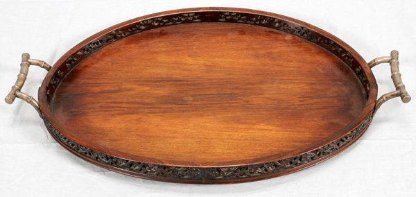 CHINESE TEAKWOOD GALLERY TRAY SILVERED HANDLES (1 of 2)